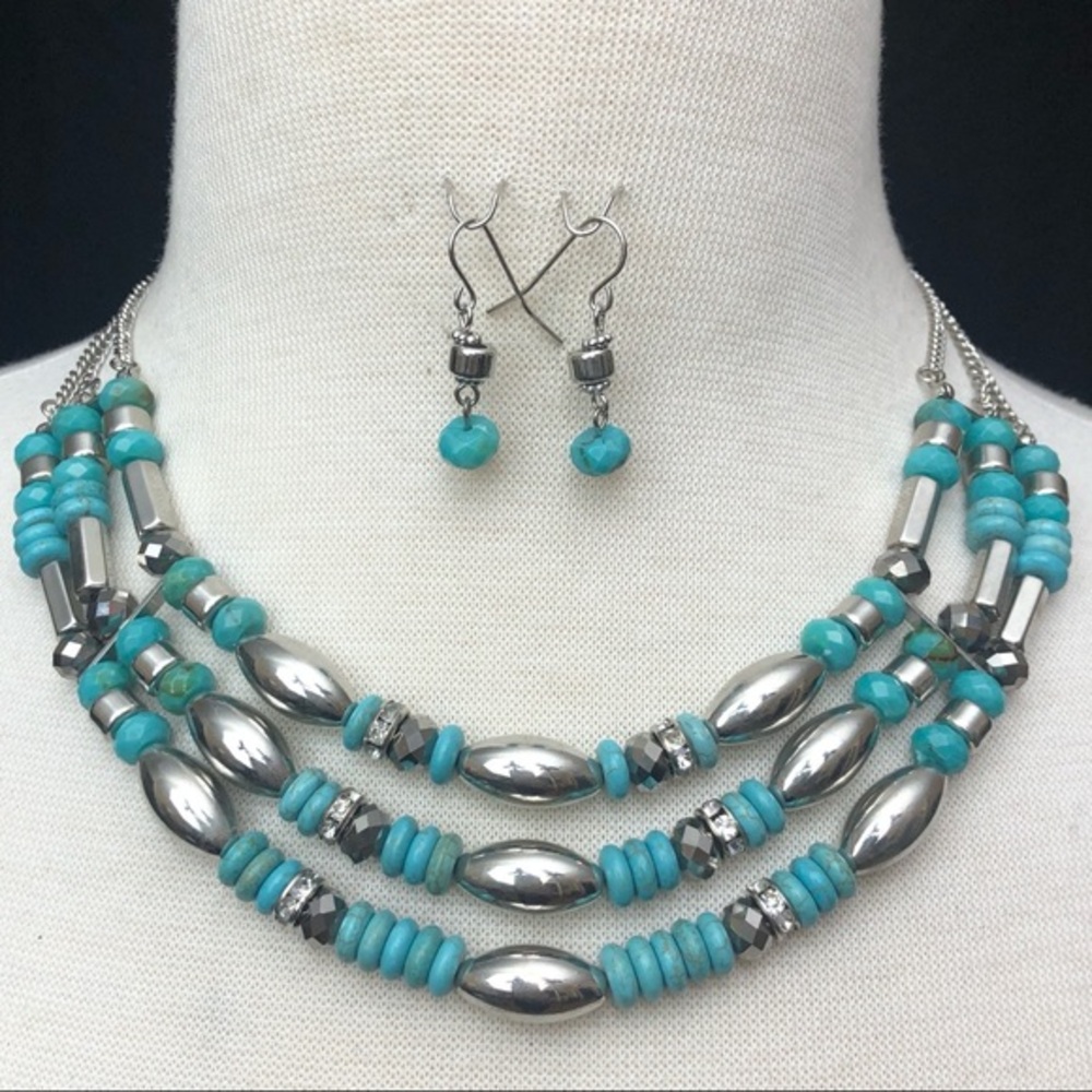 3 Row Turquoise Stone Silver Necklace Earrings Set